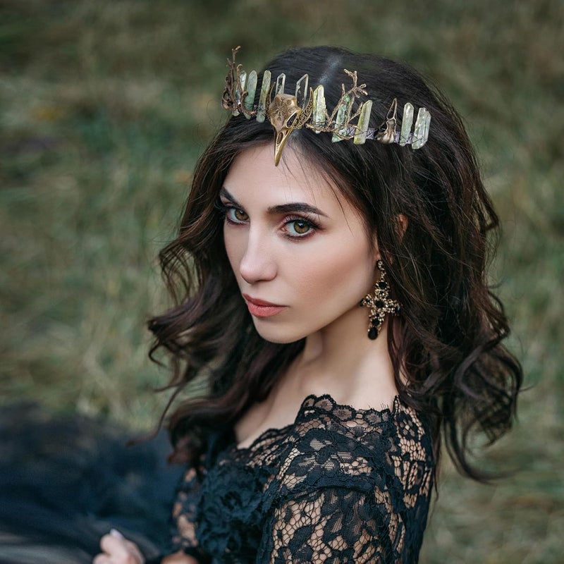 CoTeeZa Green Fairy Crystal Crown - Handmade Raw Quartz Tiara with Bronze Crow Branch Moon Elf Headpiece Fantasy Forest Witch Crown Wedding Renaissance Halloween Cosplay Woodland Headband - Image 4